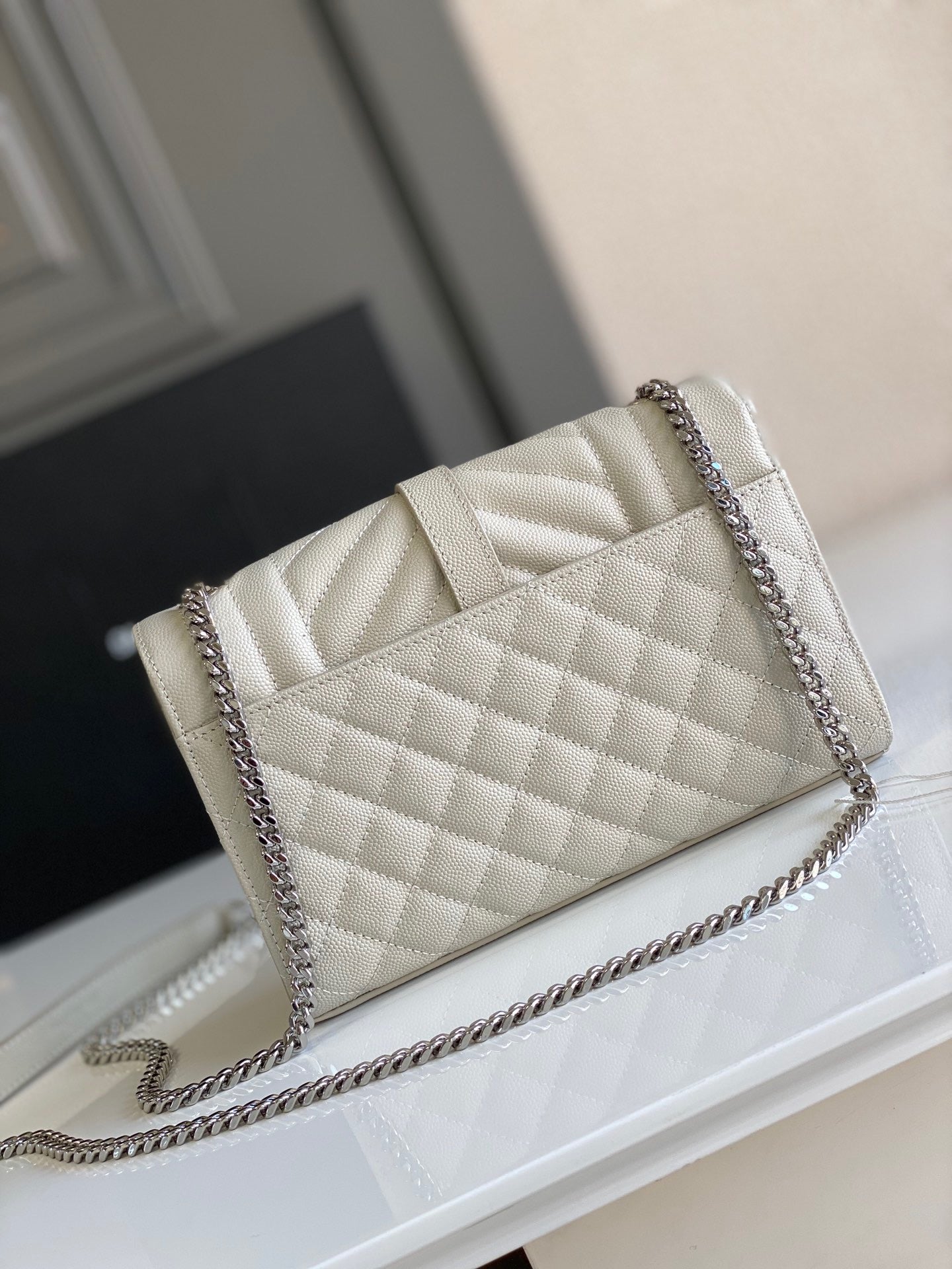 Saint Laurent Envelope Small Quilted Off-white Grained Leather Bag