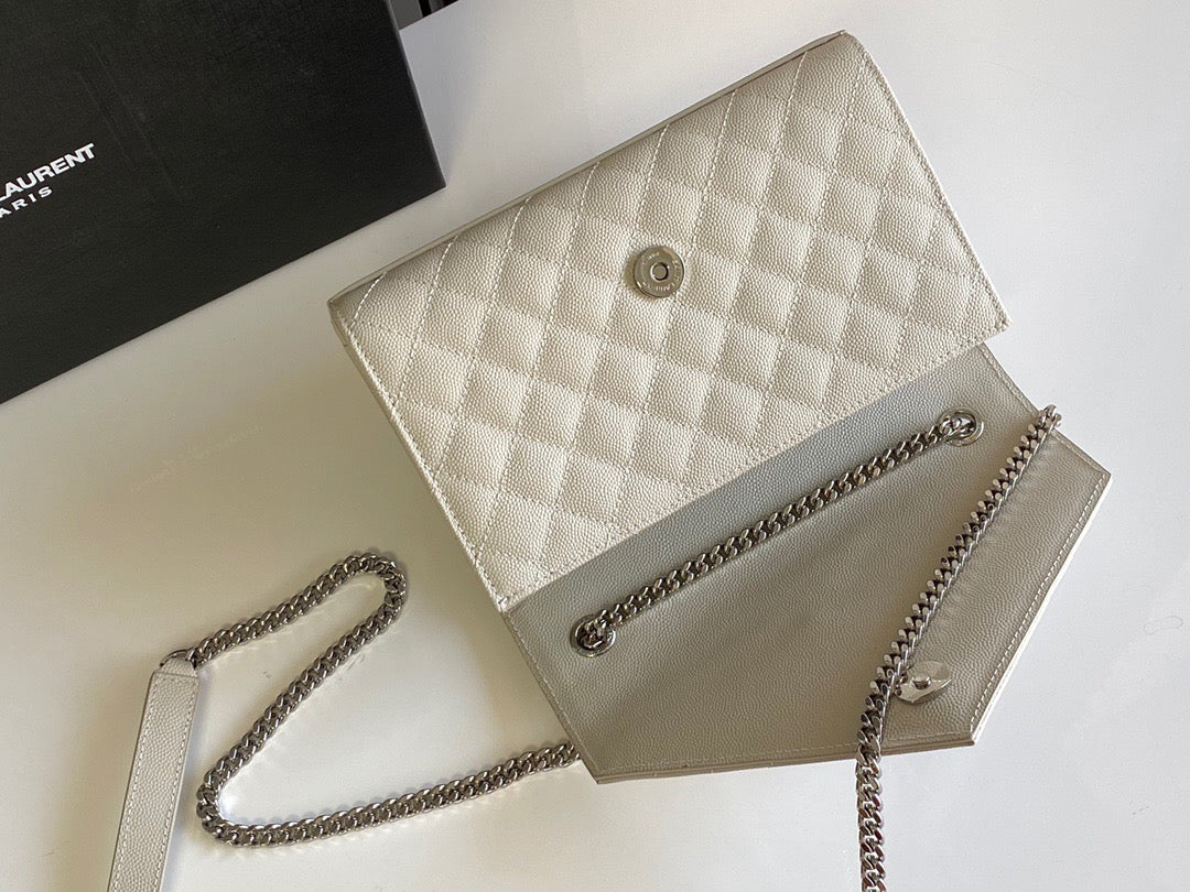 Saint Laurent Envelope Small Quilted Off-white Grained Leather Bag