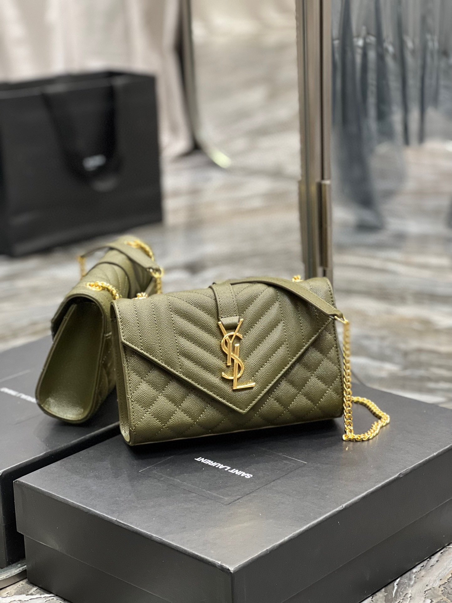 Saint Laurent Envelope Small Quilted Green Grained Leather Bag