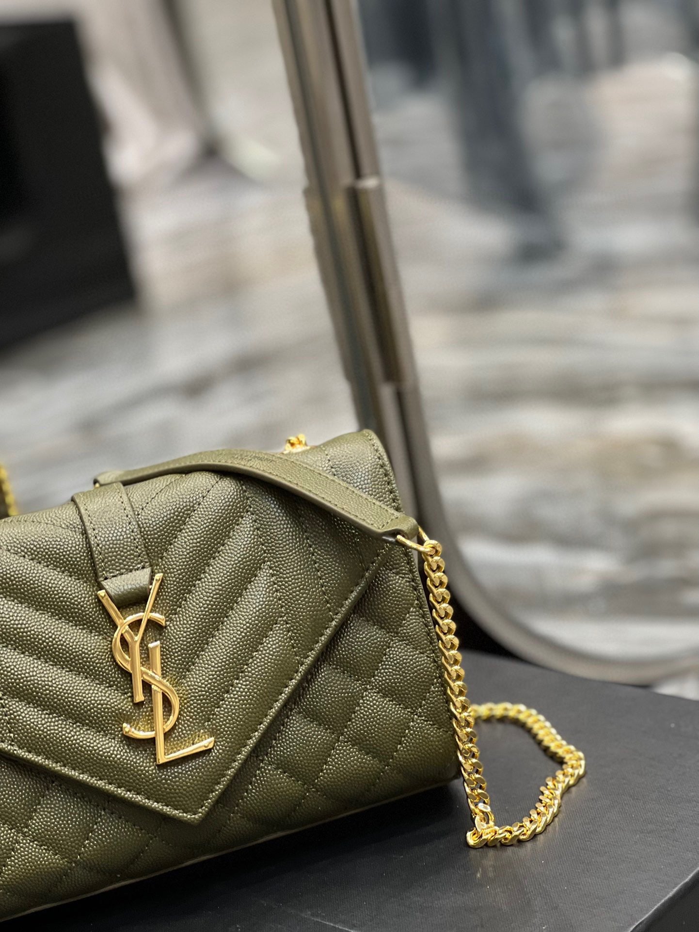 Saint Laurent Envelope Small Quilted Green Grained Leather Bag