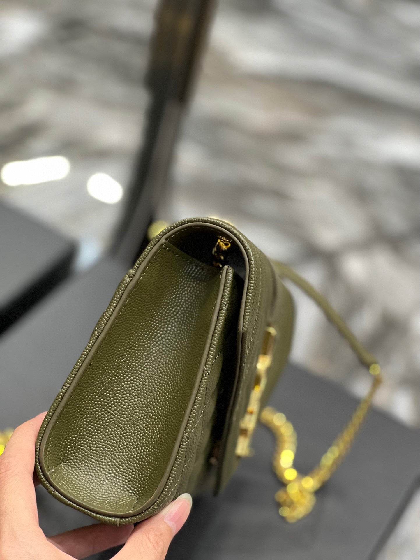 Saint Laurent Envelope Small Quilted Green Grained Leather Bag