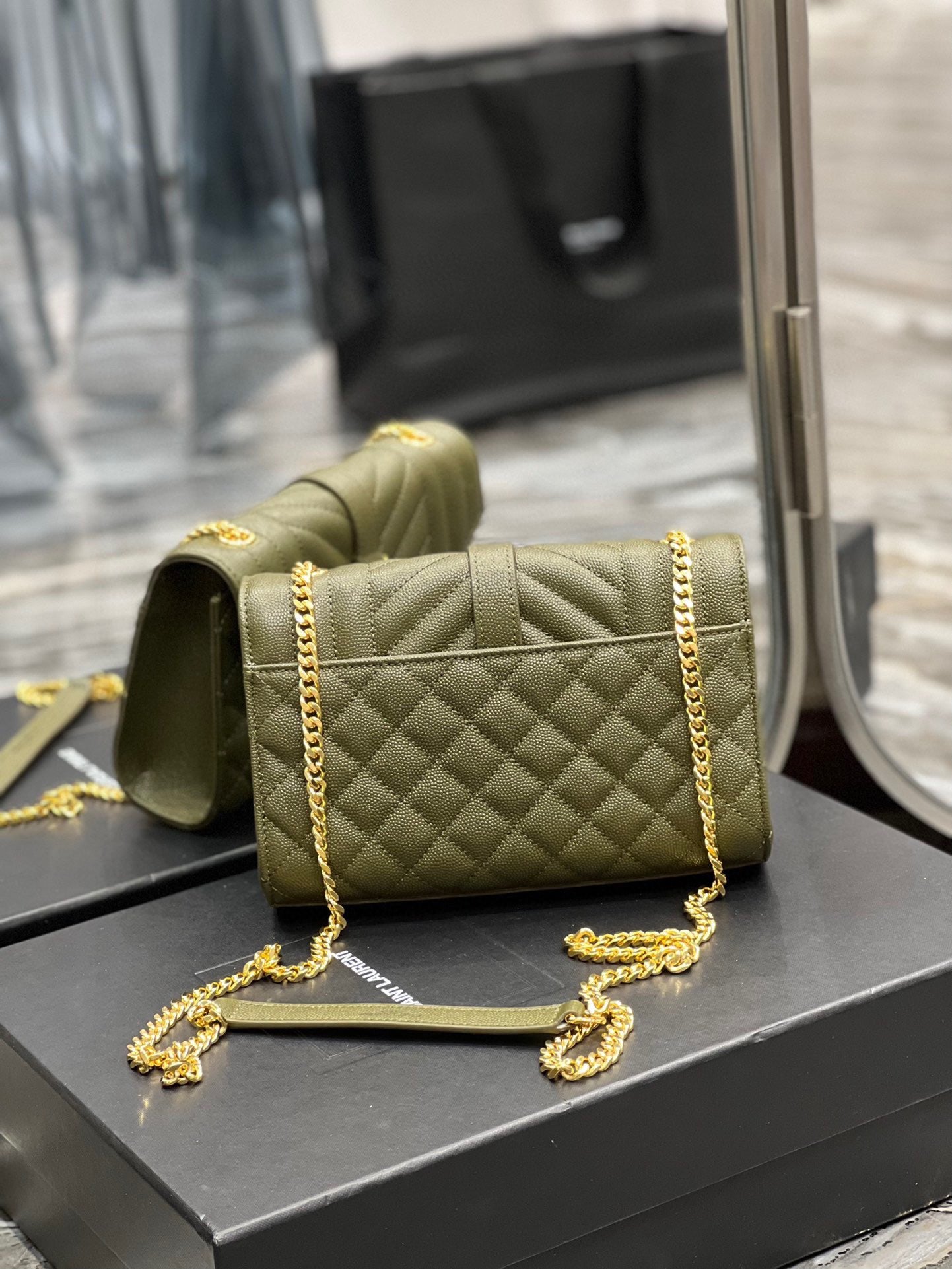 Saint Laurent Envelope Small Quilted Green Grained Leather Bag