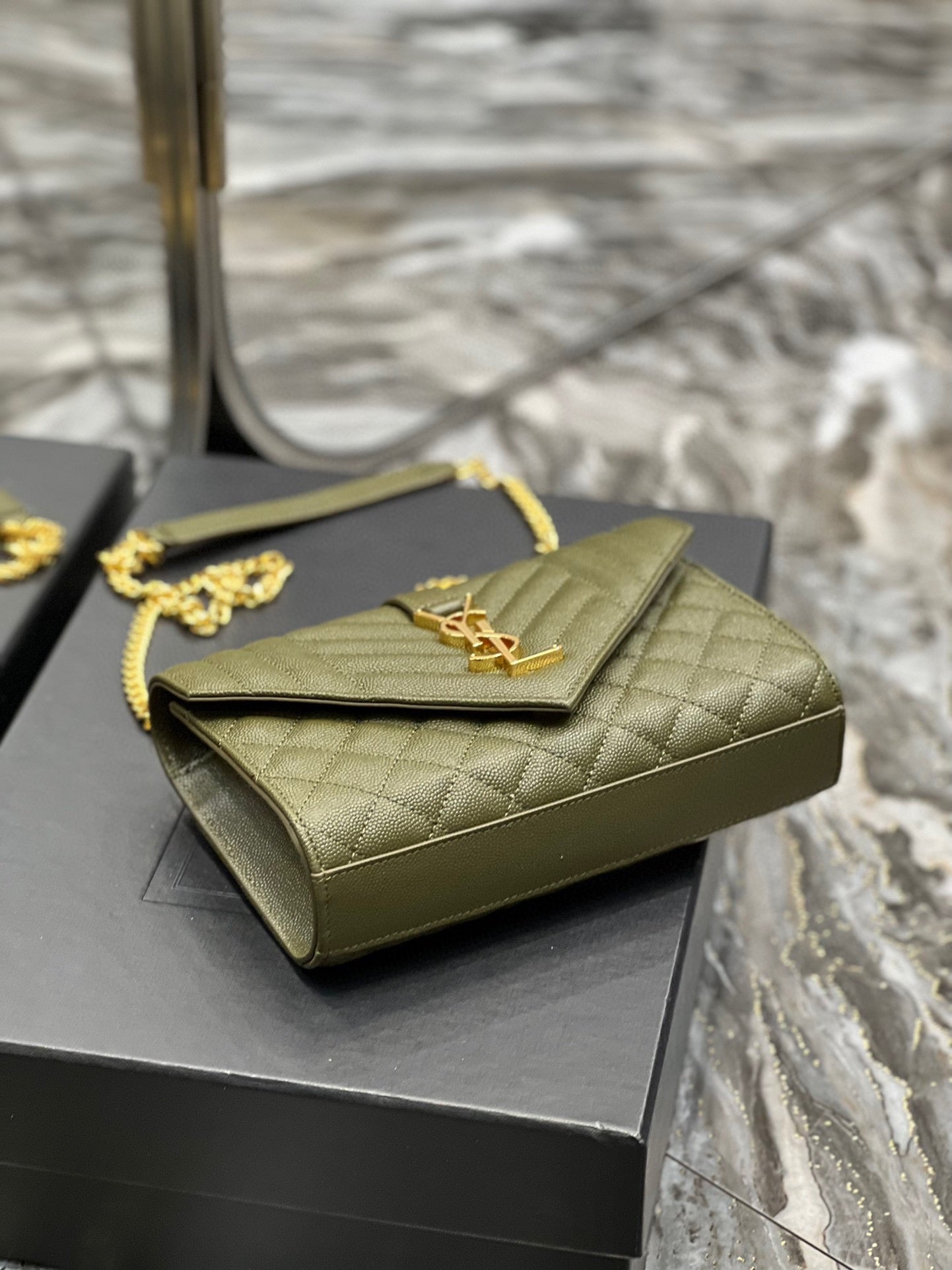 Saint Laurent Envelope Small Quilted Green Grained Leather Bag