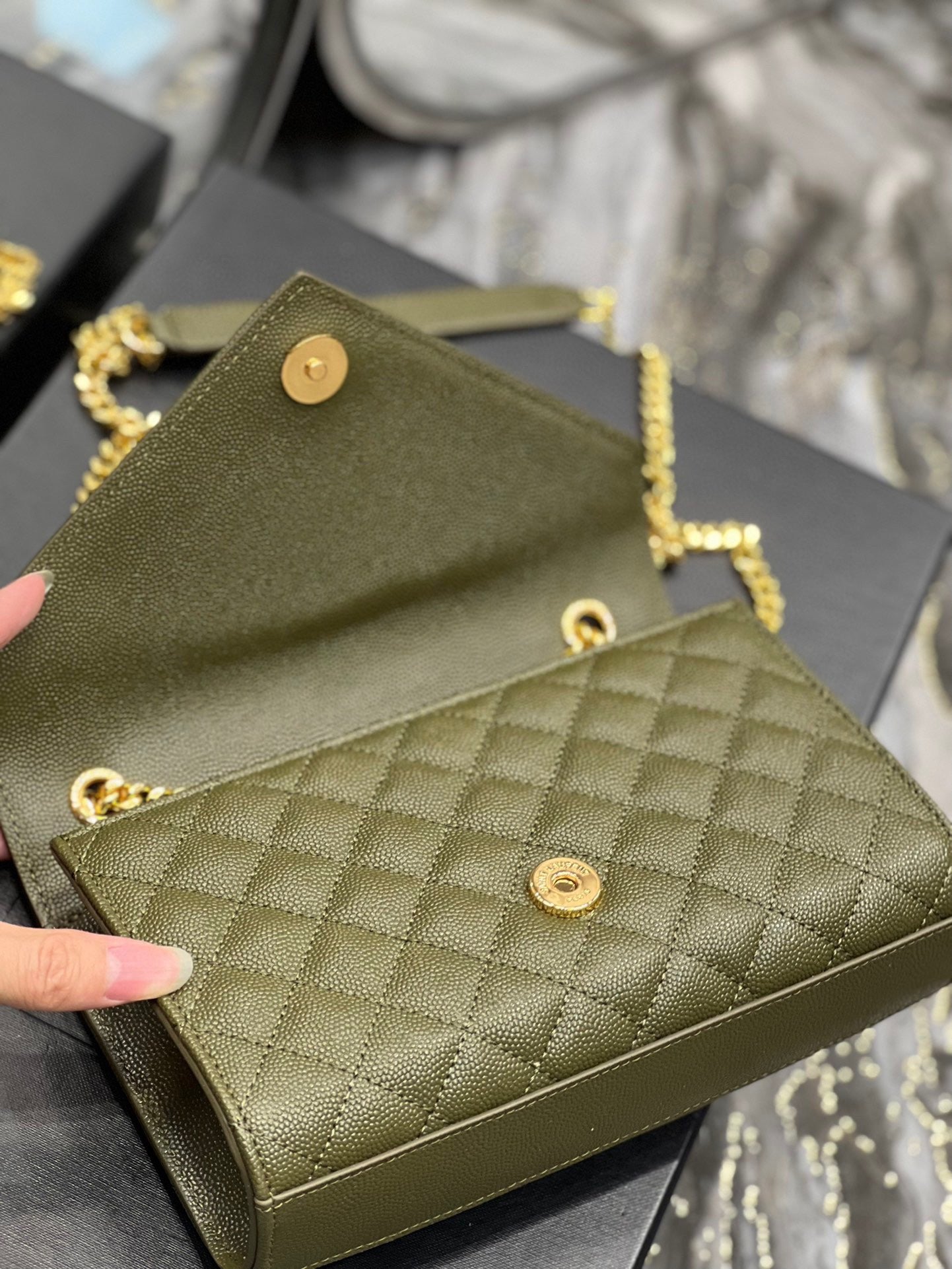 Saint Laurent Envelope Small Quilted Green Grained Leather Bag