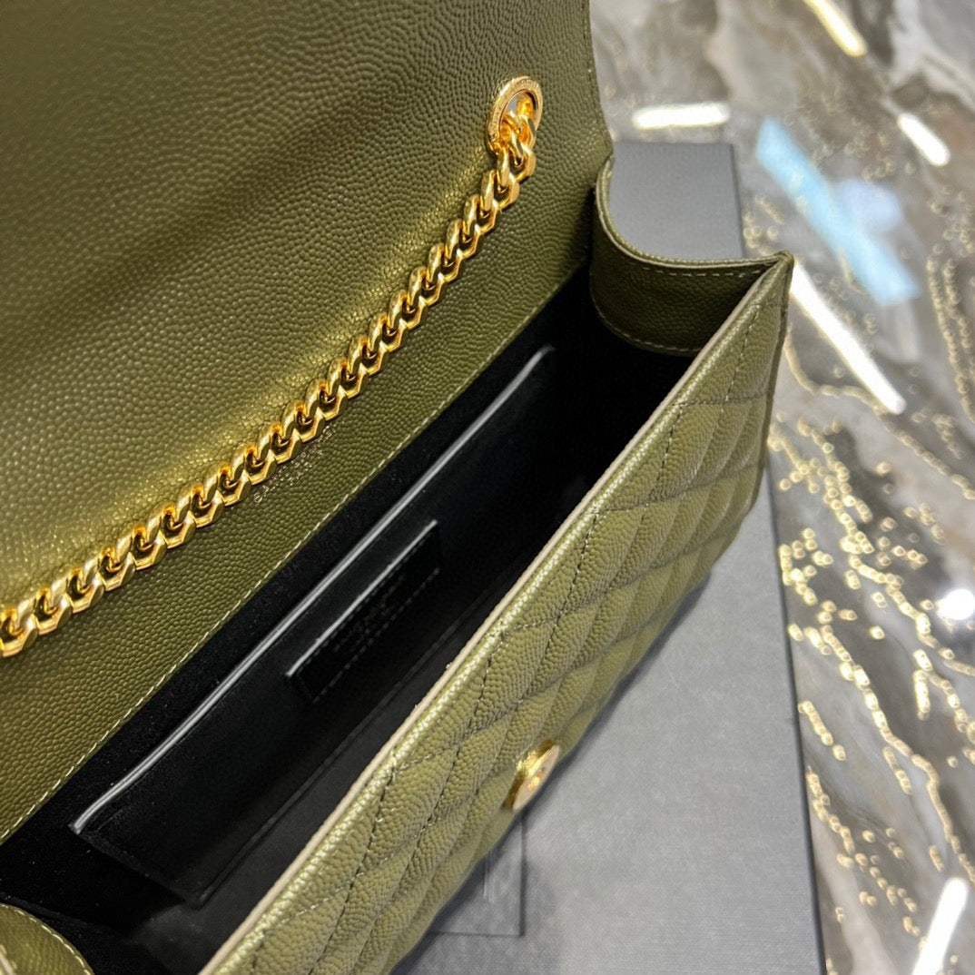 Saint Laurent Envelope Small Quilted Green Grained Leather Bag