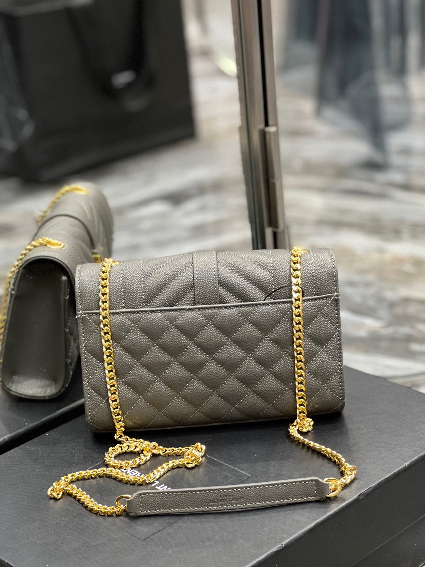 Saint Laurent Envelope Small Quilted Gray Grained Leather Bag