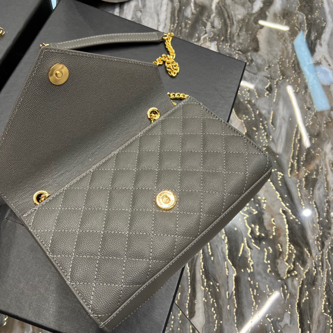 Saint Laurent Envelope Small Quilted Gray Grained Leather Bag