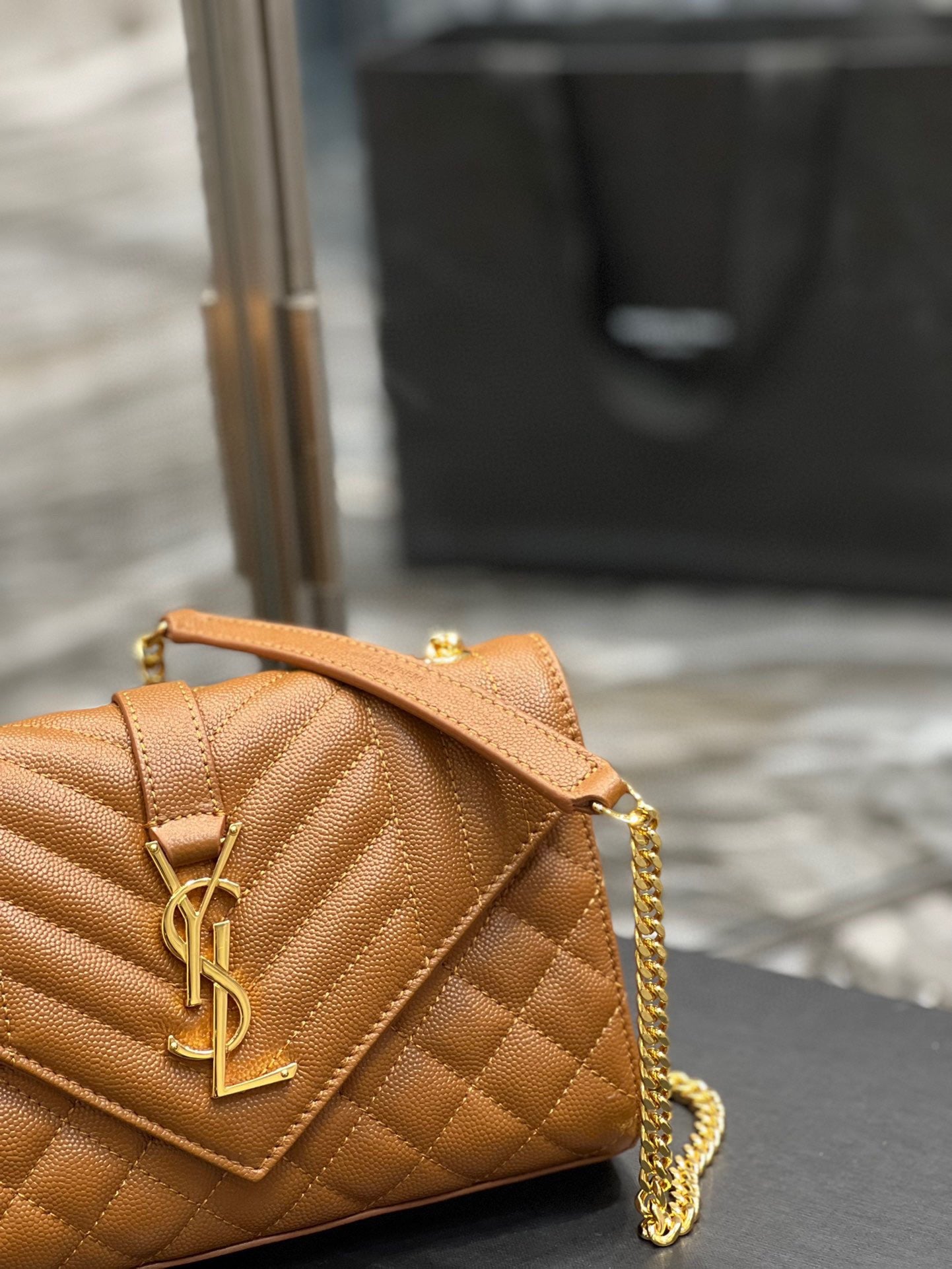 Saint Laurent Envelope Small Quilted Gold Brown Grained Leather Bag