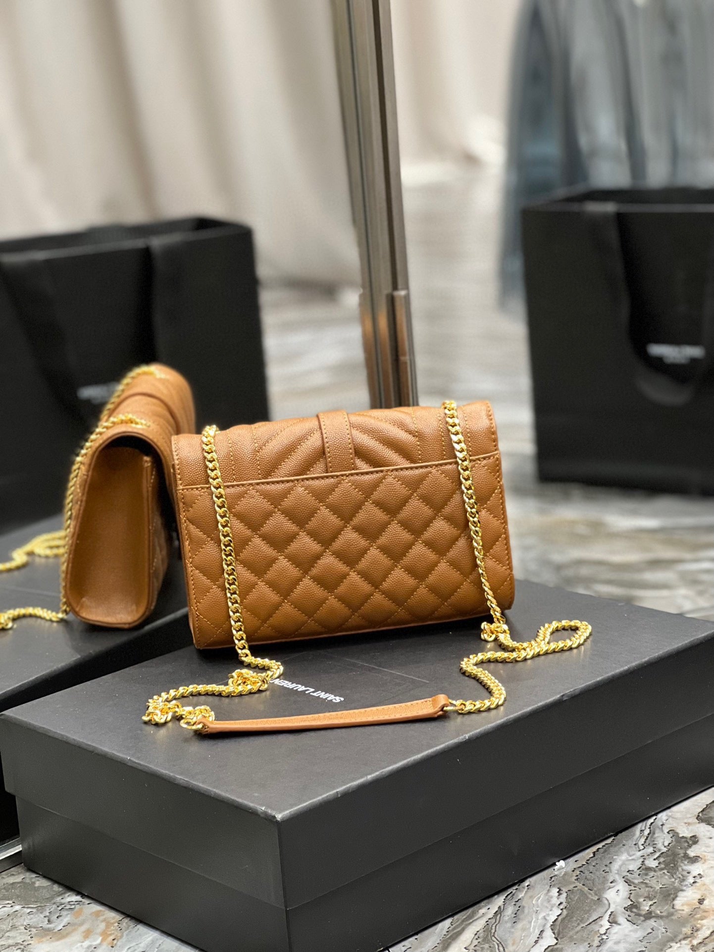 Saint Laurent Envelope Small Quilted Gold Brown Grained Leather Bag