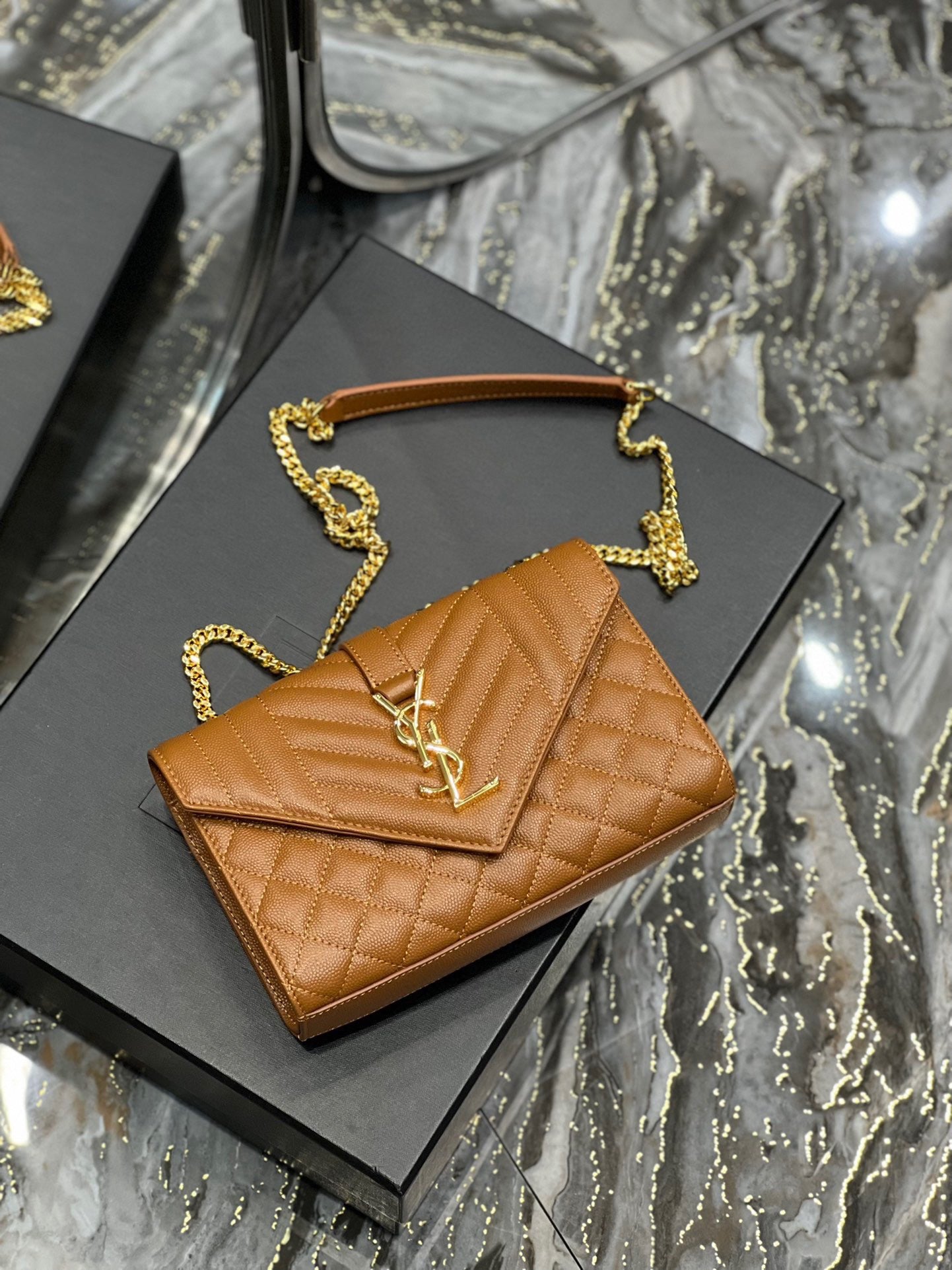 Saint Laurent Envelope Small Quilted Gold Brown Grained Leather Bag