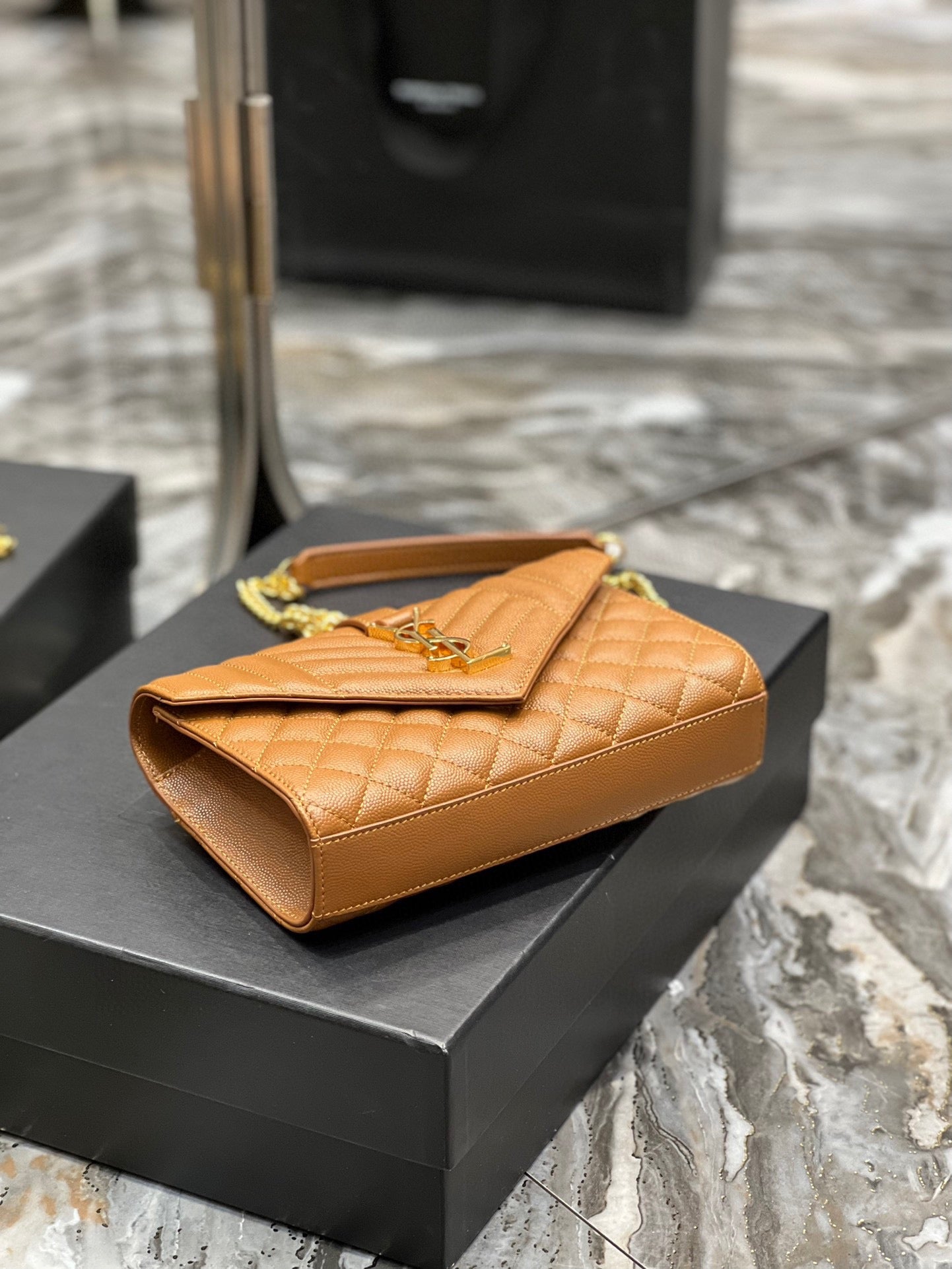 Saint Laurent Envelope Small Quilted Gold Brown Grained Leather Bag