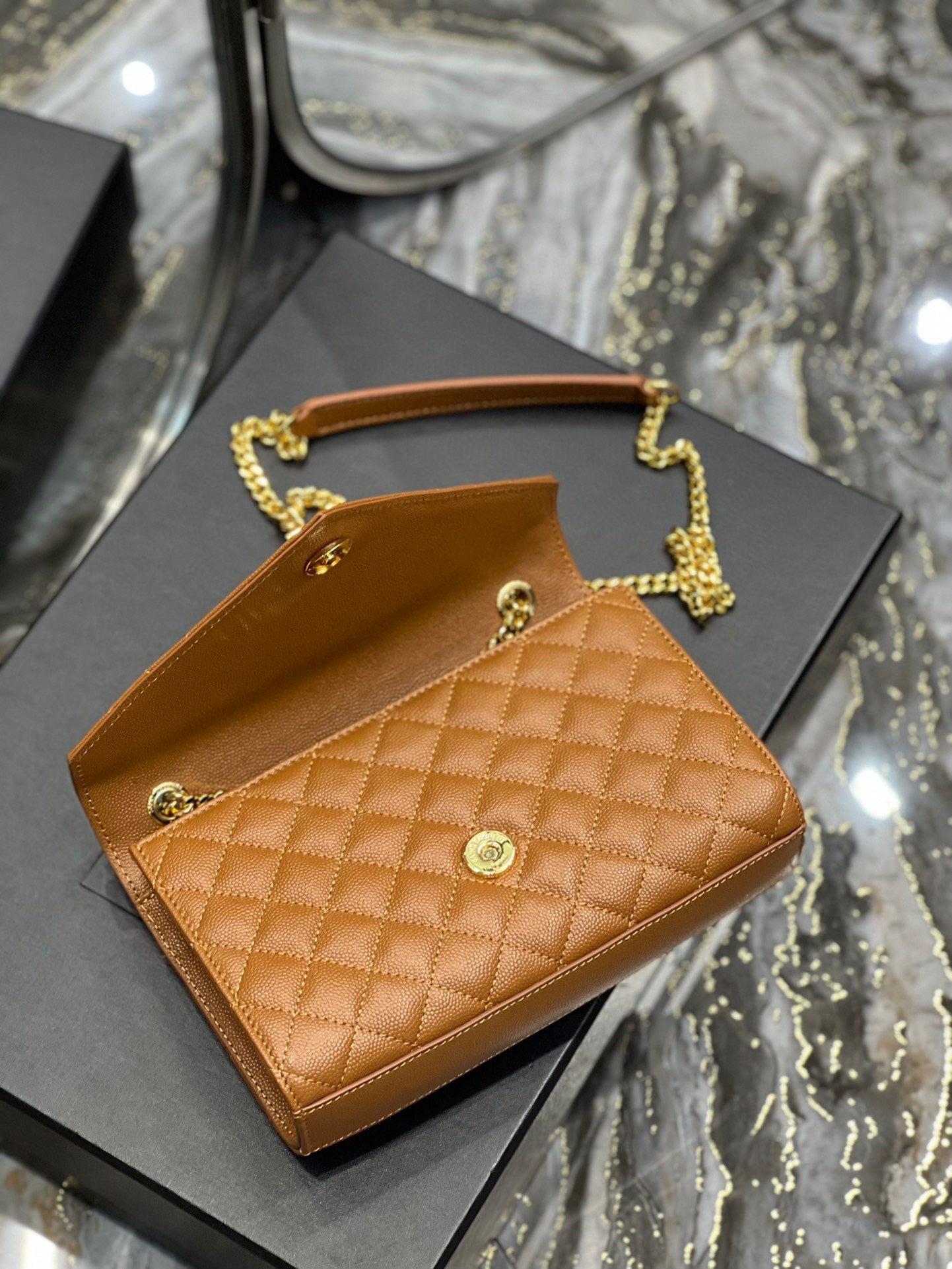 Saint Laurent Envelope Small Quilted Gold Brown Grained Leather Bag