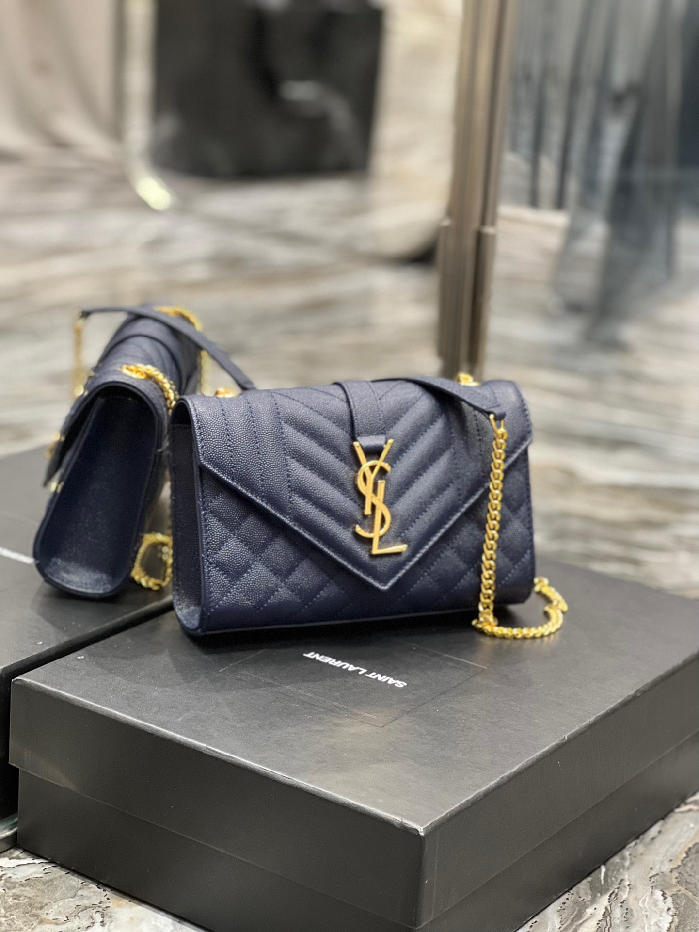 Saint Laurent Envelope Small Quilted Dark Blue Grained Leather Bag