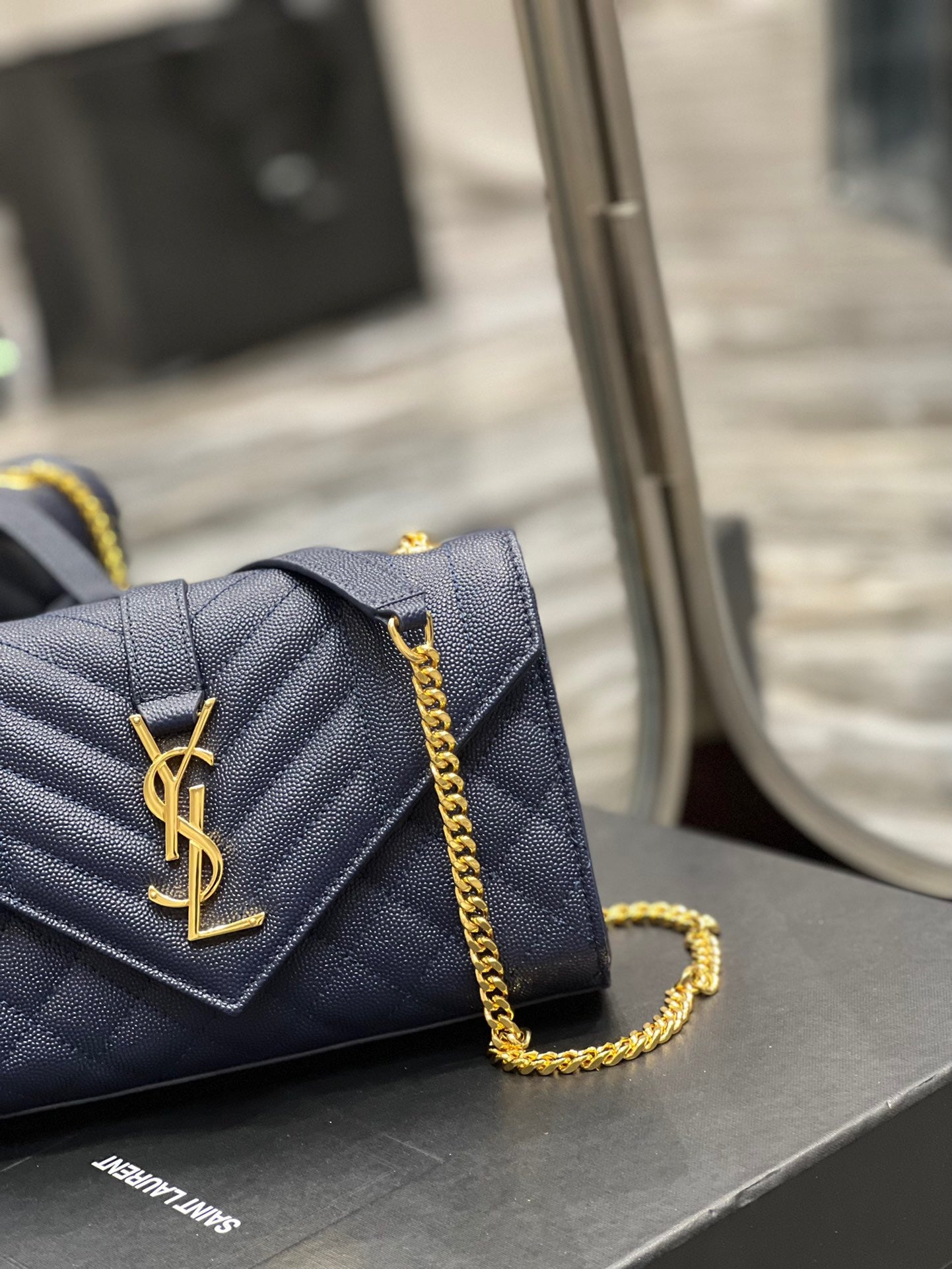 Saint Laurent Envelope Small Quilted Dark Blue Grained Leather Bag