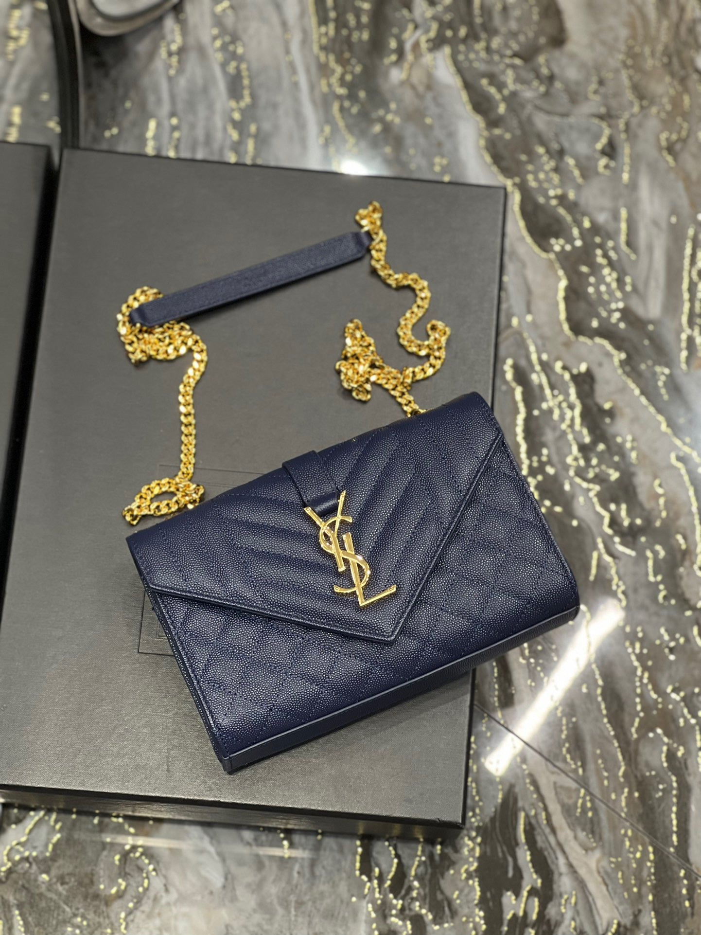 Saint Laurent Envelope Small Quilted Dark Blue Grained Leather Bag