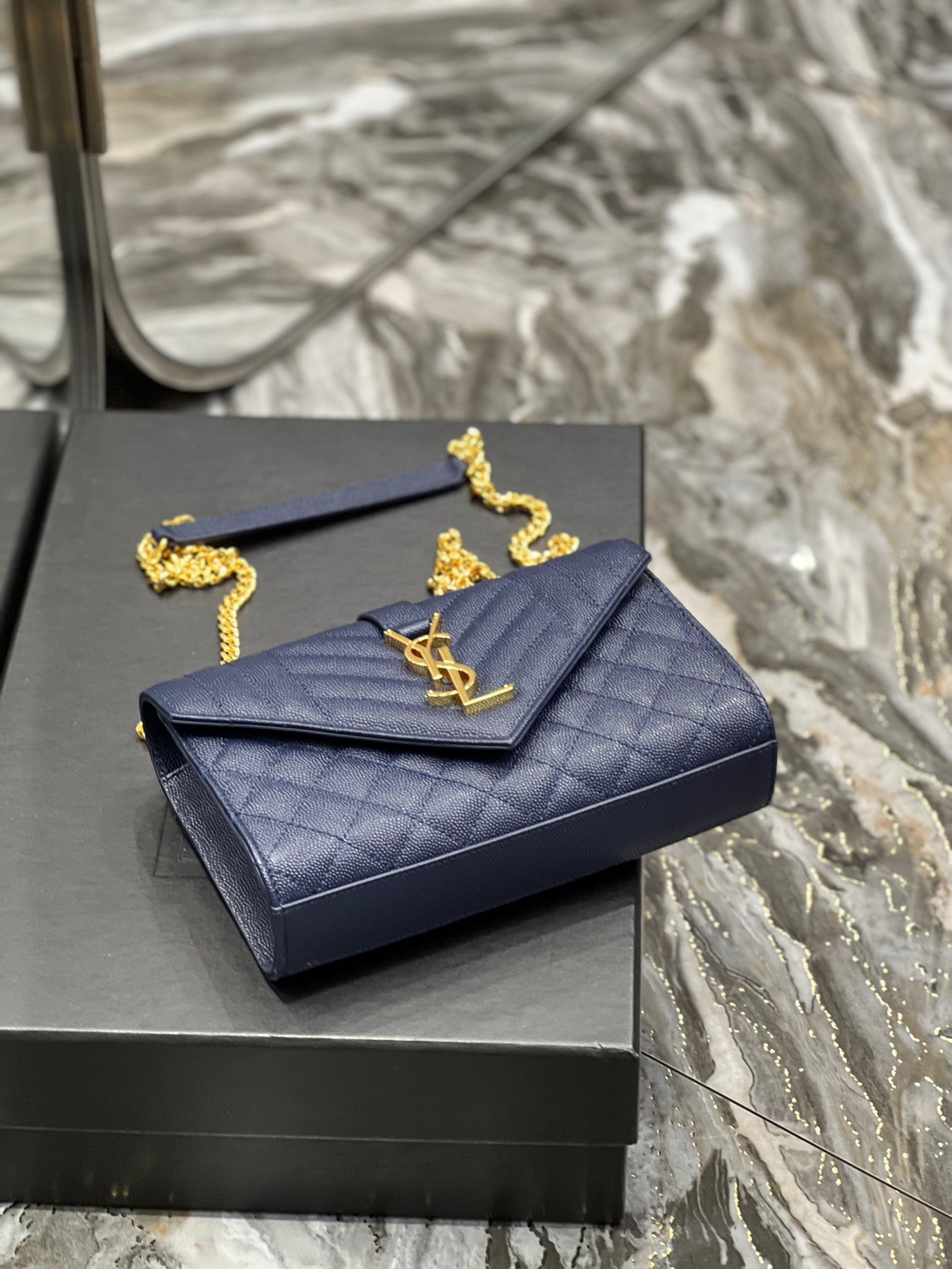 Saint Laurent Envelope Small Quilted Dark Blue Grained Leather Bag