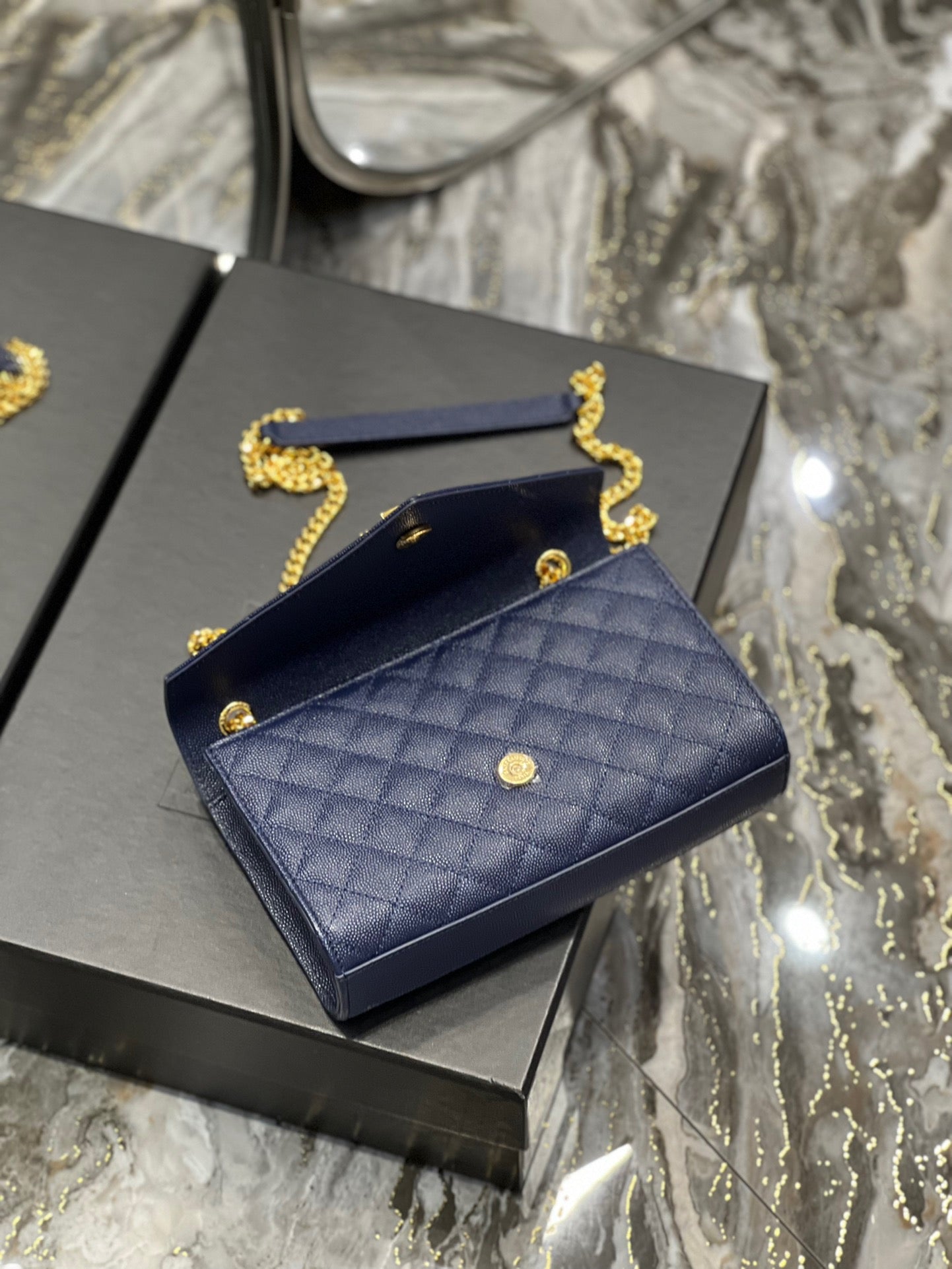 Saint Laurent Envelope Small Quilted Dark Blue Grained Leather Bag