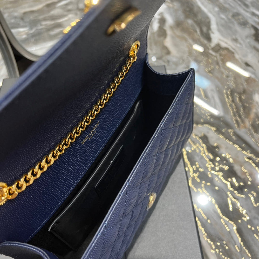 Saint Laurent Envelope Small Quilted Dark Blue Grained Leather Bag