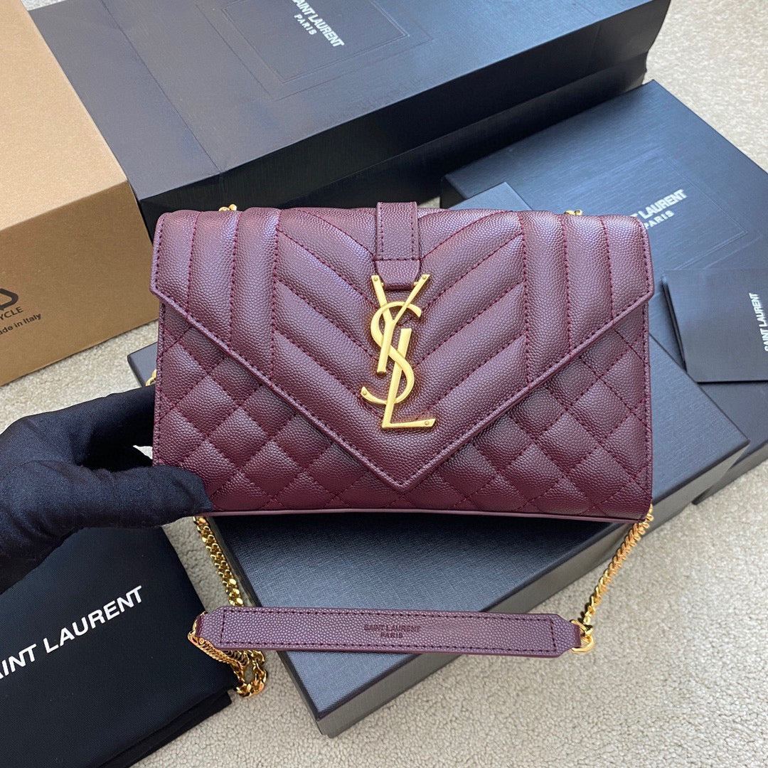 Saint Laurent Envelope Small Quilted Burdungy Grained Leather Bag