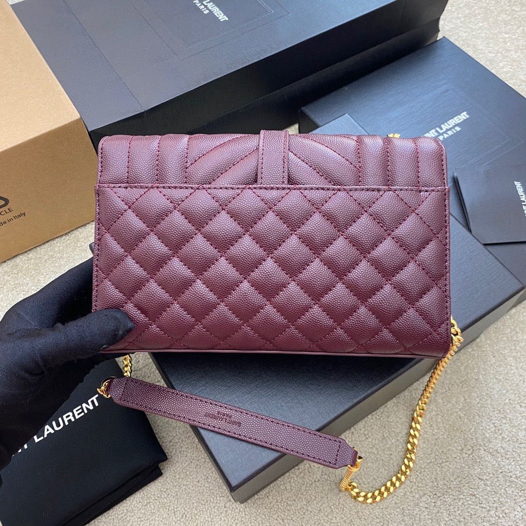 Saint Laurent Envelope Small Quilted Burdungy Grained Leather Bag