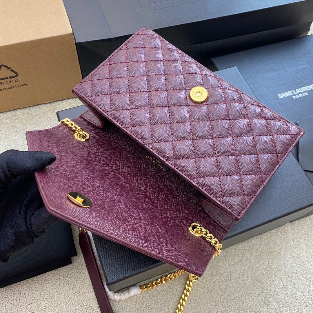 Saint Laurent Envelope Small Quilted Burdungy Grained Leather Bag