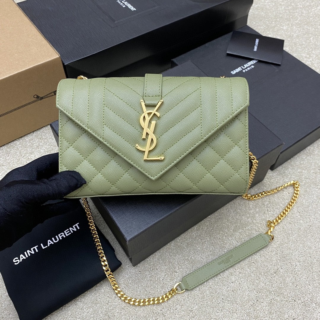 Saint Laurent Envelope Small Quilted Avocado Green Grained Leather Bag