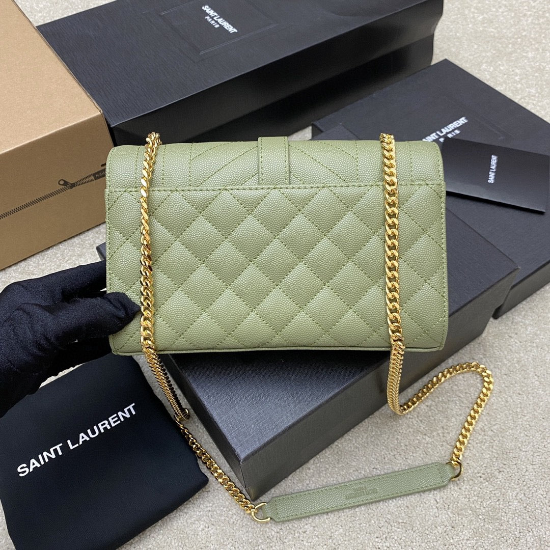 Saint Laurent Envelope Small Quilted Avocado Green Grained Leather Bag