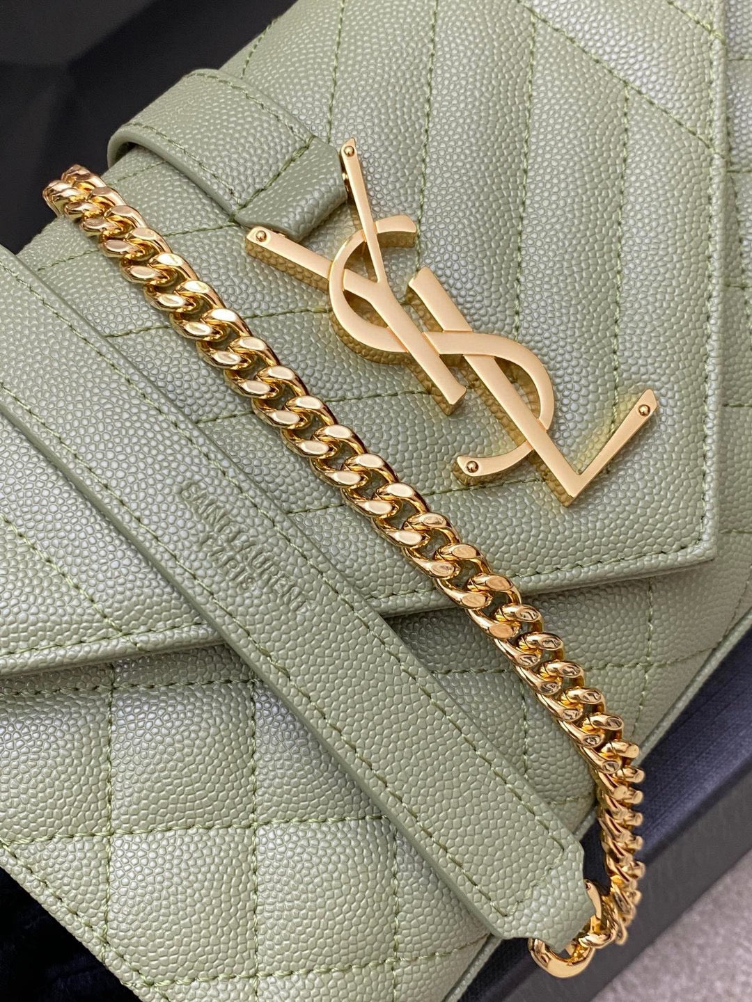 Saint Laurent Envelope Small Quilted Avocado Green Grained Leather Bag