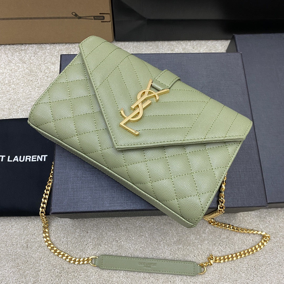 Saint Laurent Envelope Small Quilted Avocado Green Grained Leather Bag