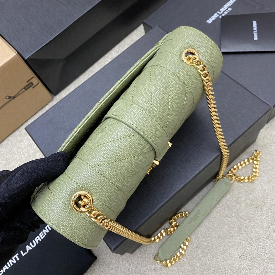 Saint Laurent Envelope Small Quilted Avocado Green Grained Leather Bag