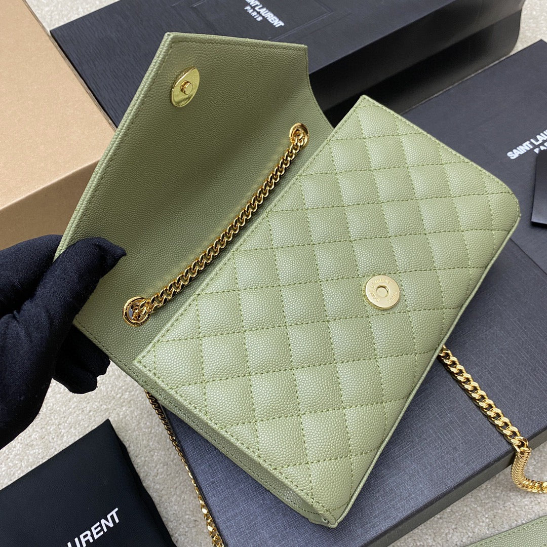 Saint Laurent Envelope Small Quilted Avocado Green Grained Leather Bag