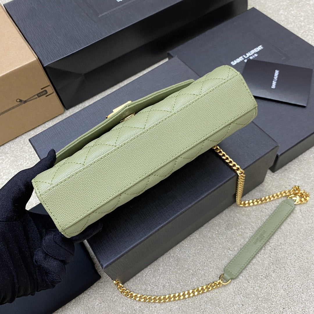 Saint Laurent Envelope Small Quilted Avocado Green Grained Leather Bag