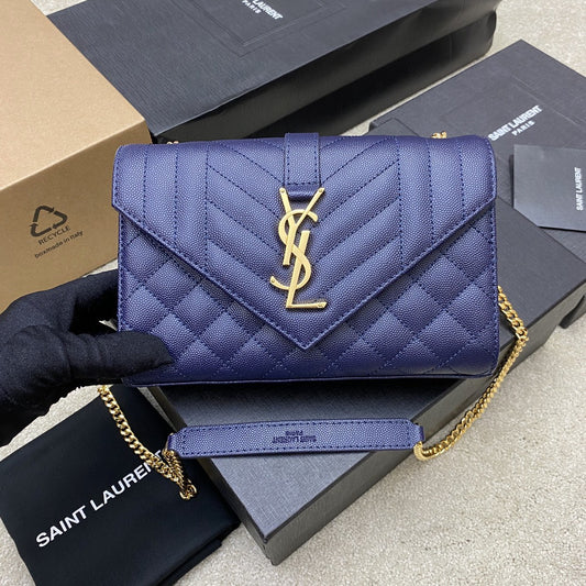 Saint Laurent Envelope Small Quilted Blue Hydra Grained Leather Bag