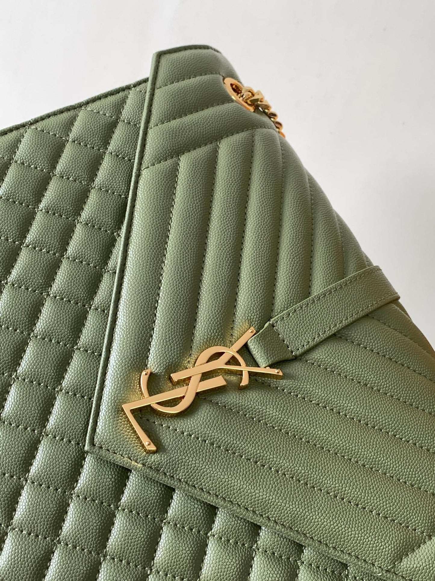 Saint Laurent Envelope Large Quilted Green Grained Leather Bag