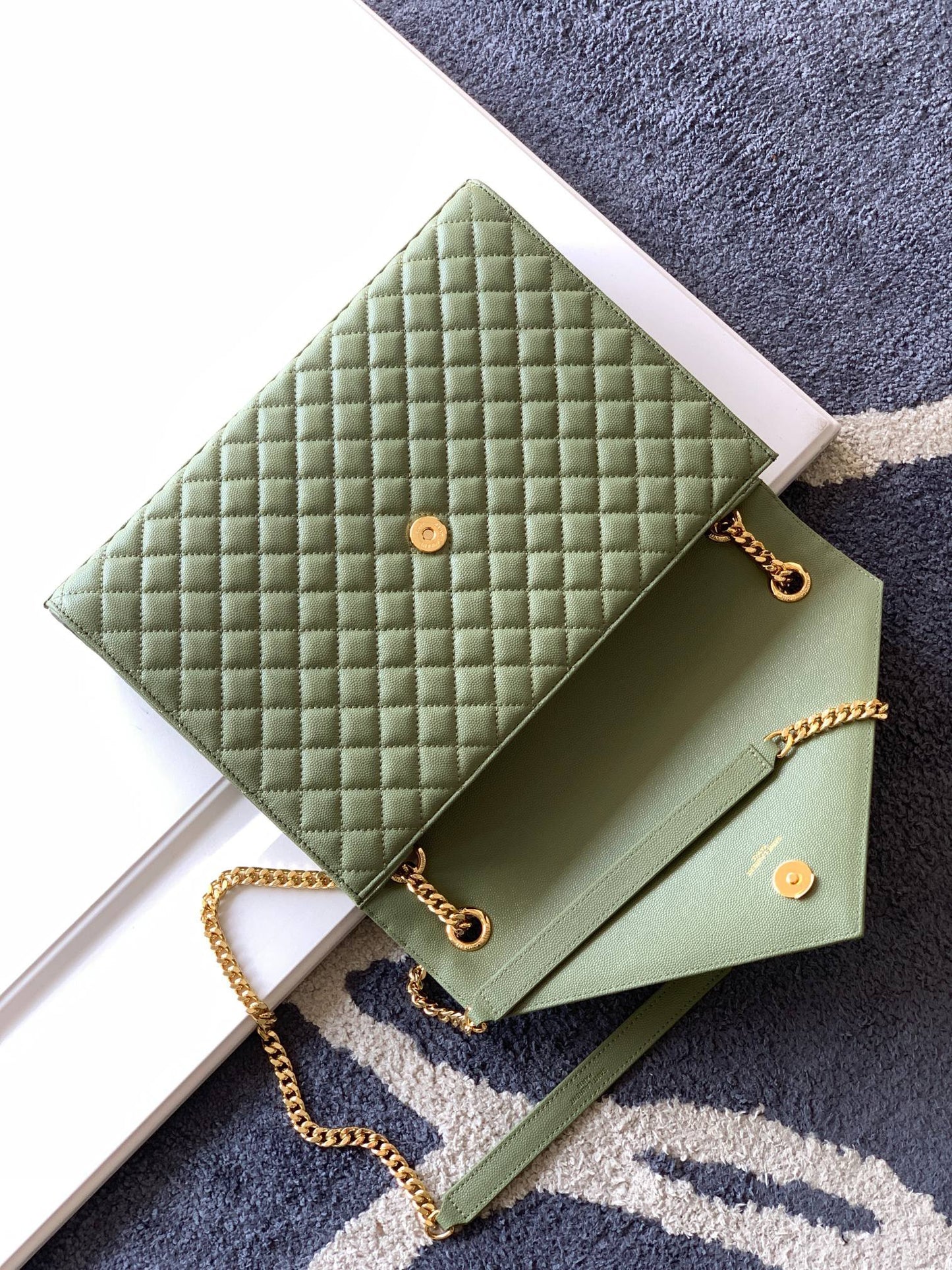 Saint Laurent Envelope Large Quilted Green Grained Leather Bag