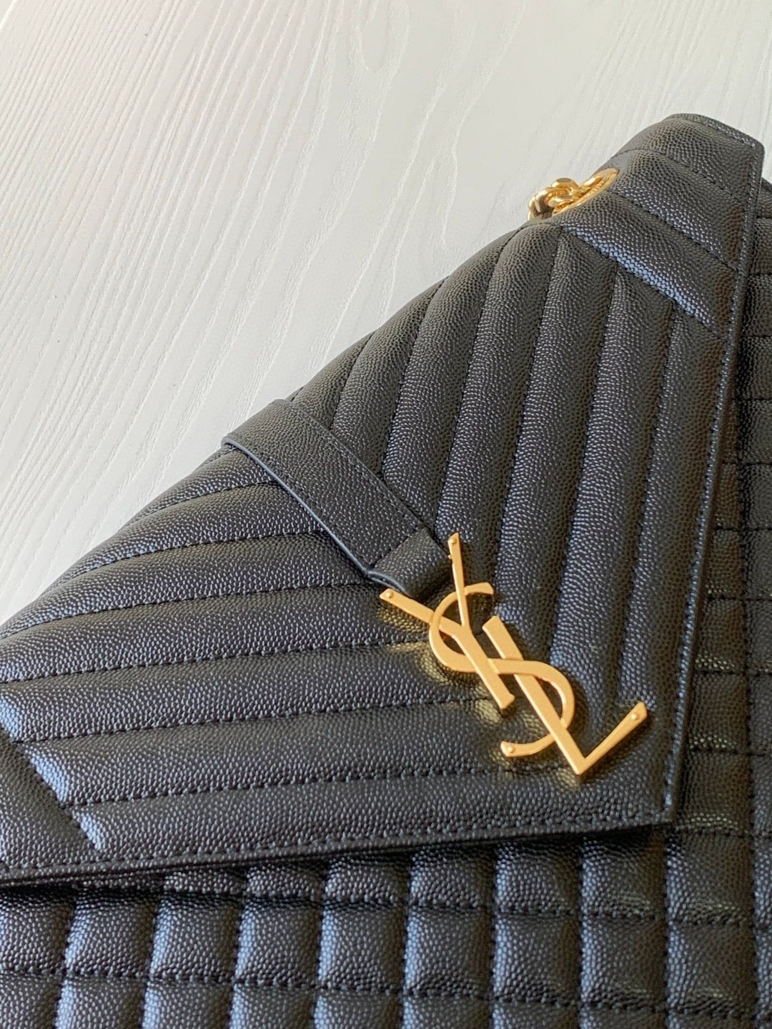 Saint Laurent Envelope Large Quilted Black Grained Leather With Gold Hardware