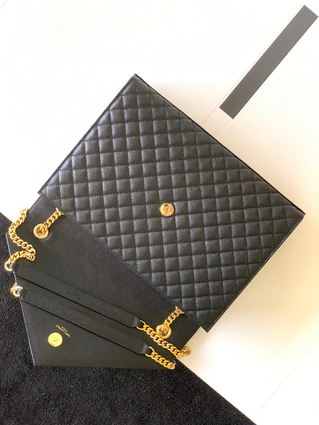 Saint Laurent Envelope Large Quilted Black Grained Leather With Gold Hardware