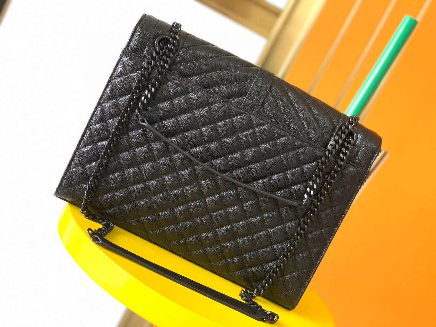 Saint Laurent Envelope Large Quilted Black Grained Leather With Black Hardware