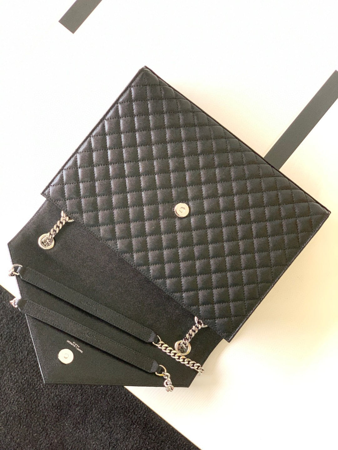 Saint Laurent Envelope Large Quilted Black Grained Leather With Silver Hardware