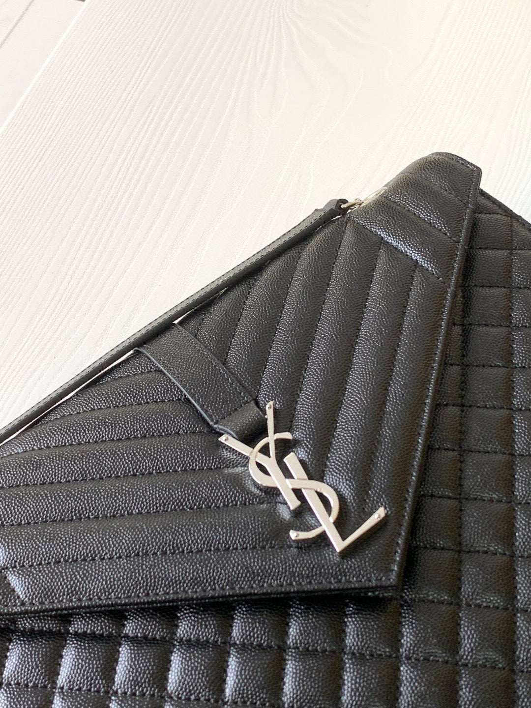 Saint Laurent Envelope Large Quilted Black Grained Leather With Silver Hardware