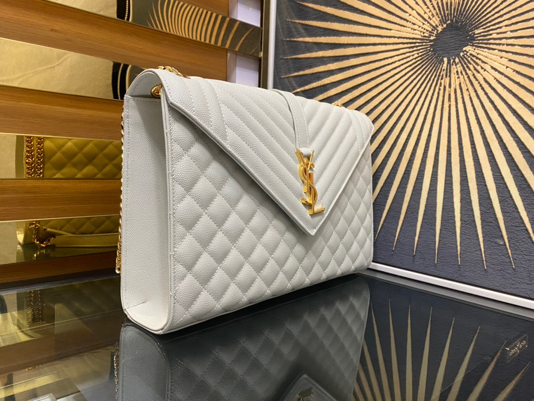 Saint Laurent Envelope Large Quilted White Grained Leather Bag