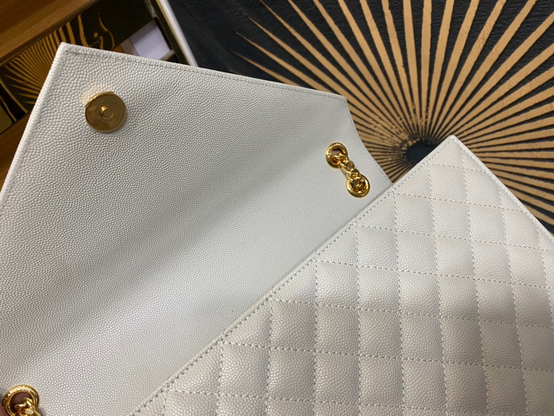 Saint Laurent Envelope Large Quilted White Grained Leather Bag