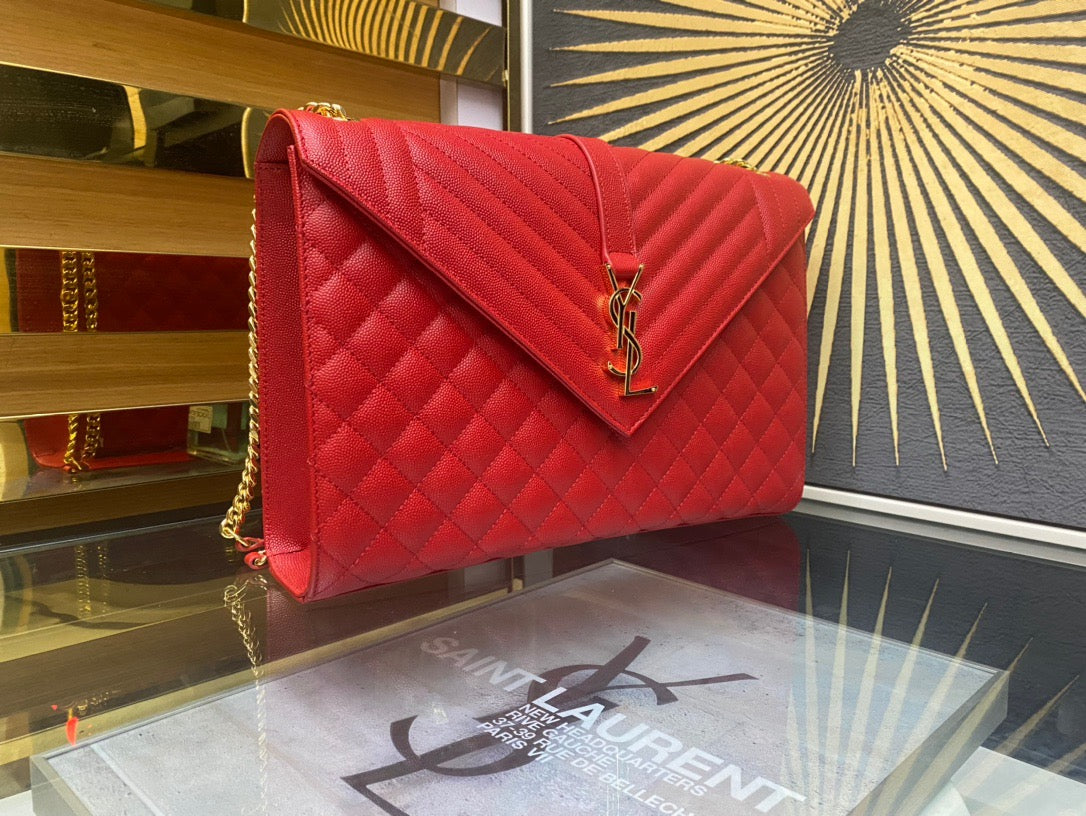 Saint Laurent Envelope Large Quilted Red Grained Leather Bag