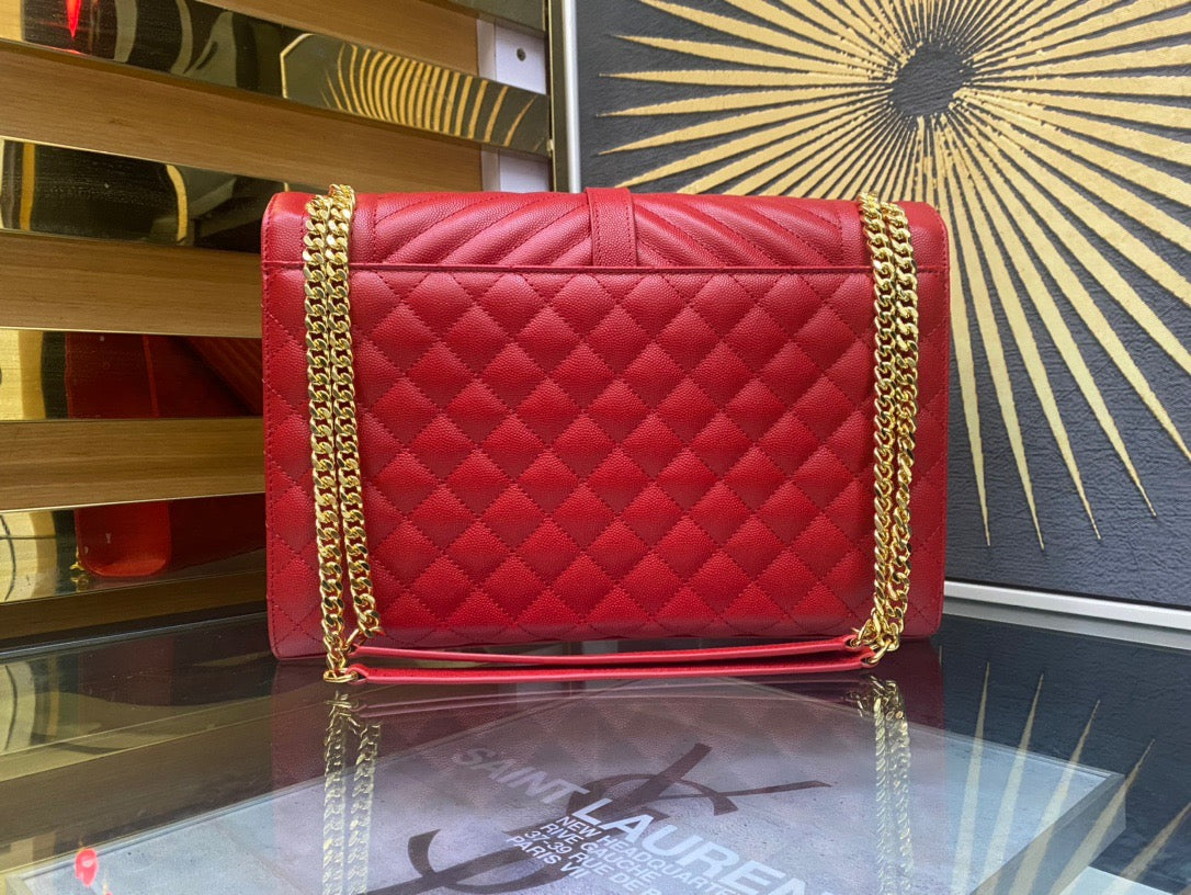 Saint Laurent Envelope Large Quilted Red Grained Leather Bag