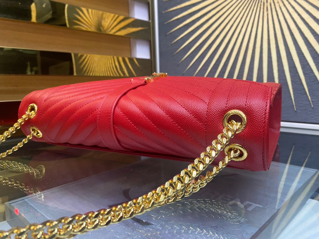 Saint Laurent Envelope Large Quilted Red Grained Leather Bag