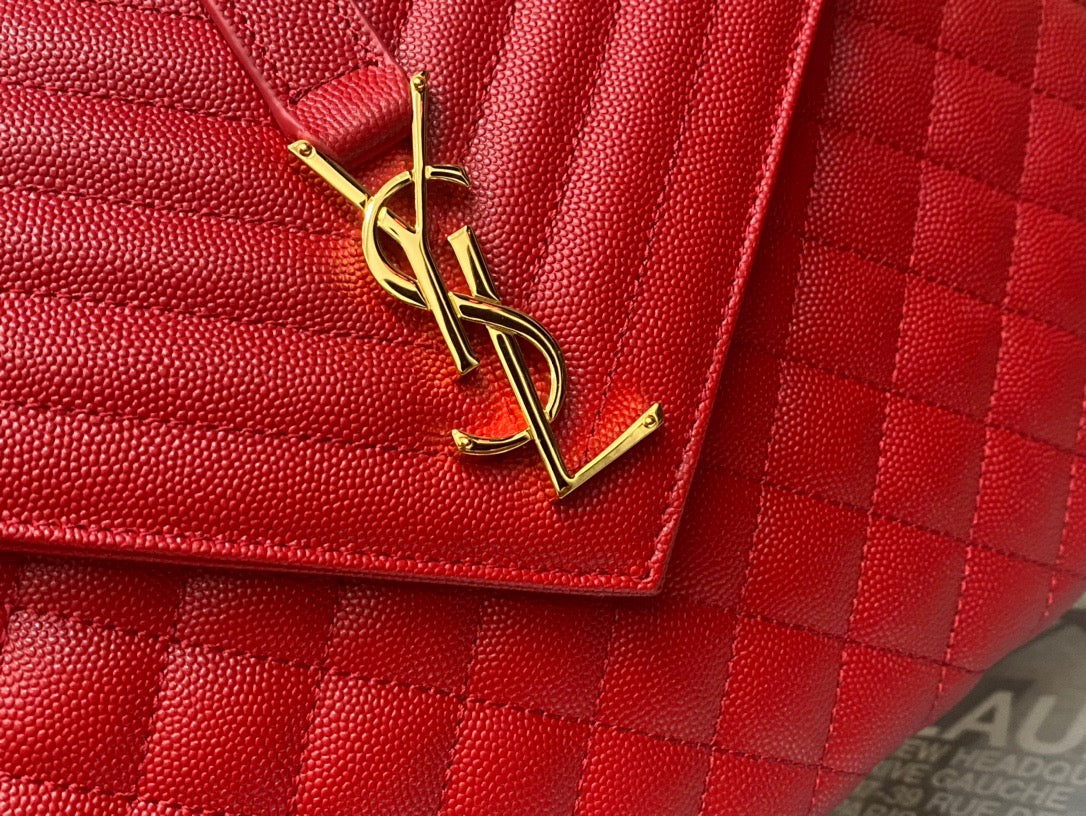 Saint Laurent Envelope Large Quilted Red Grained Leather Bag