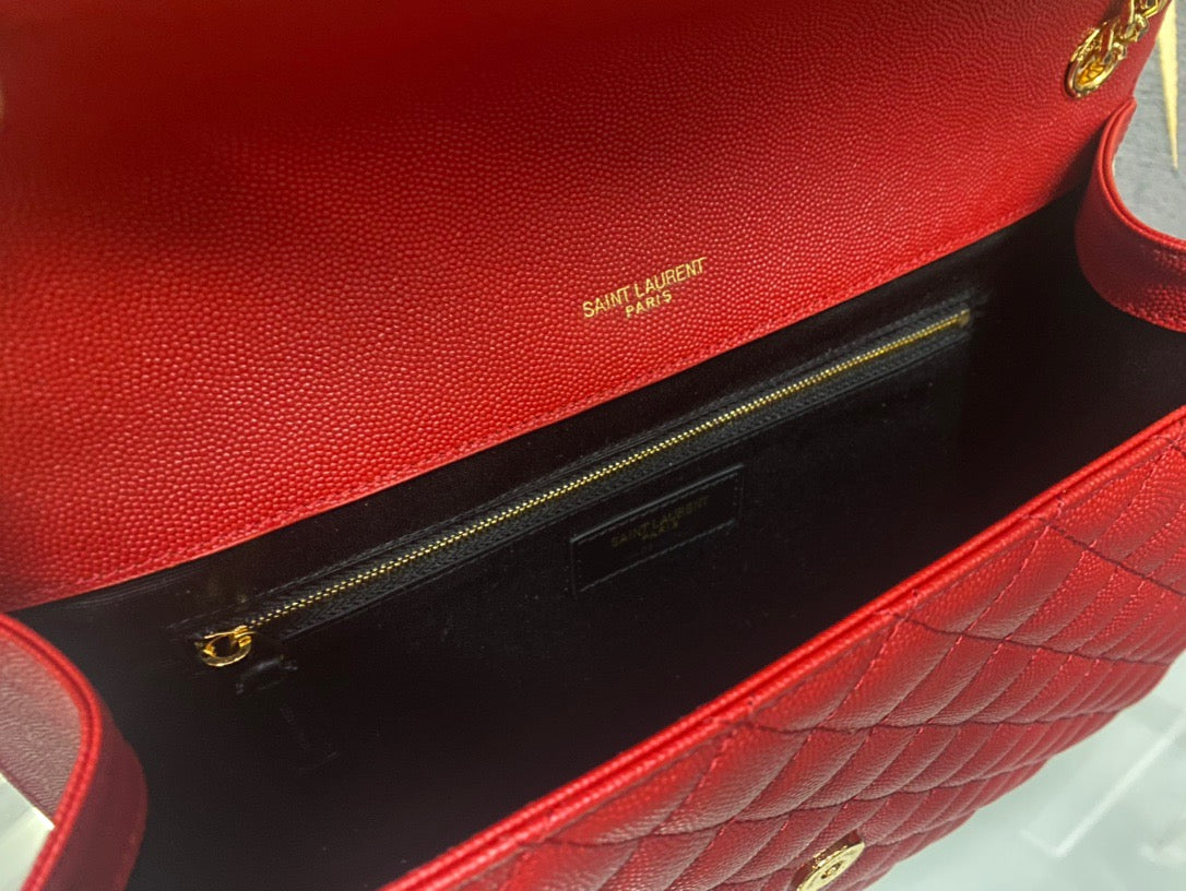 Saint Laurent Envelope Large Quilted Red Grained Leather Bag