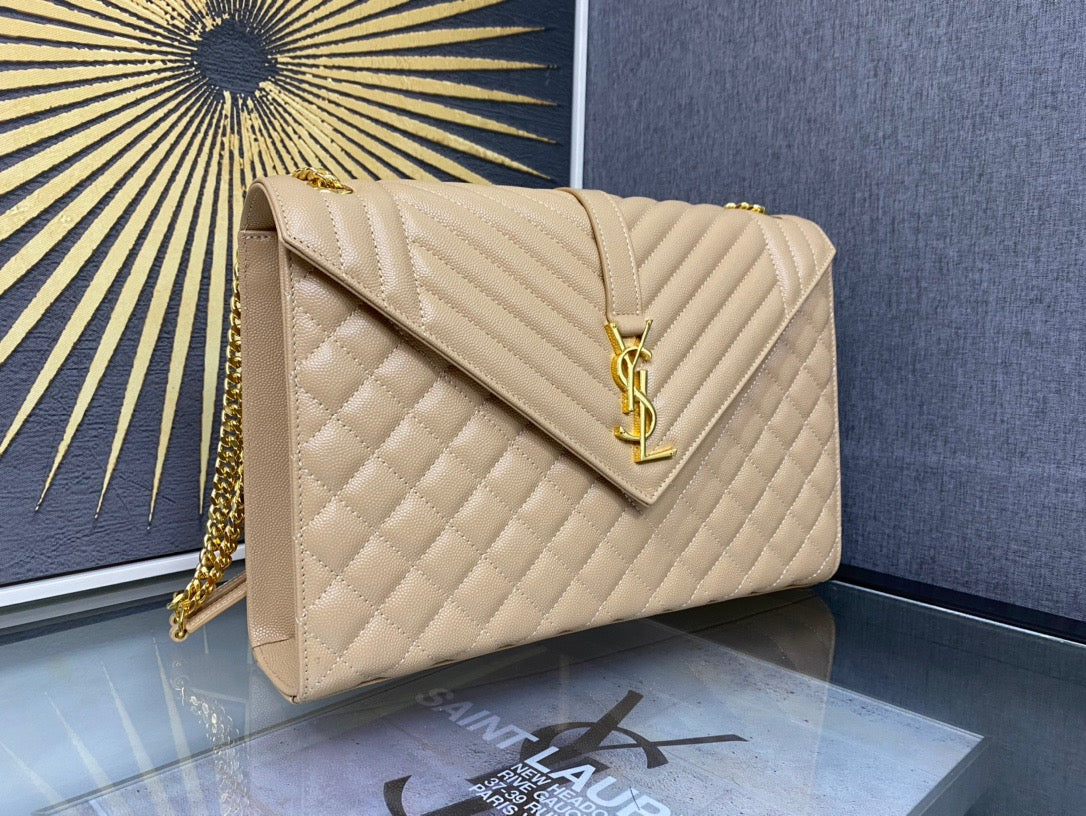 Saint Laurent Envelope Large Quilted Beige Grained Leather Bag