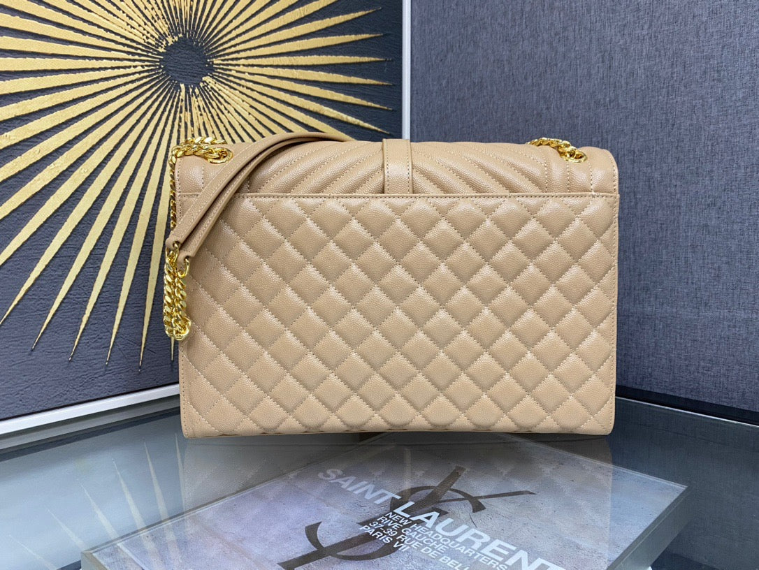 Saint Laurent Envelope Large Quilted Beige Grained Leather Bag