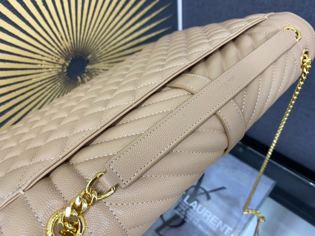 Saint Laurent Envelope Large Quilted Beige Grained Leather Bag